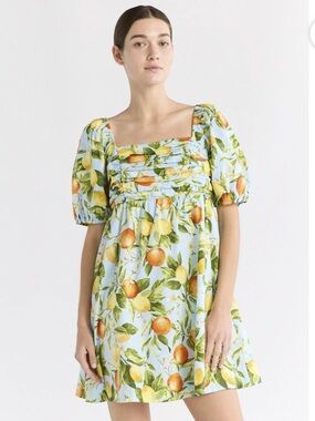 NWOT Free Assembly Light Blue Lemon Print Puff-Sleeve Mini Dress